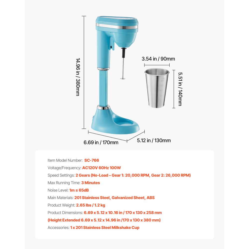 VEVOR Milkshake Maker, 100W Milk Shake Maker Mixer, Single Head Drink Mixer Blender Machine, Dual-Speed Adjustment Milkshake Blender with Stainless Steel Cup, for Home, Kitchen, Bar & Beverage Shop