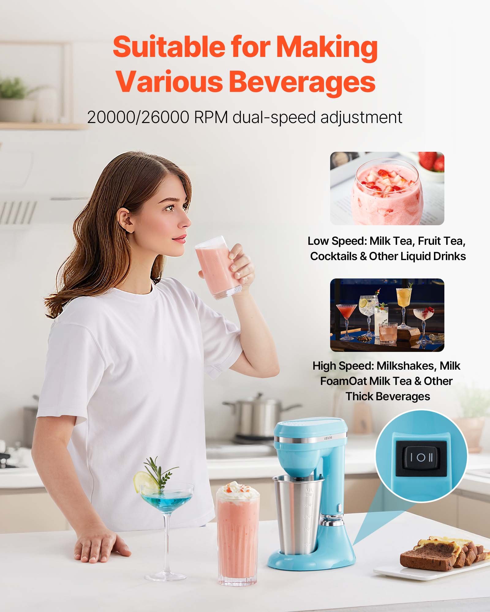 VEVOR Milkshake Maker, 100W Milk Shake Maker Mixer, Single Head Drink Mixer Blender Machine, Dual-Speed Adjustment Milkshake Blender with Stainless Steel Cup, for Home, Kitchen, Bar & Beverage Shop