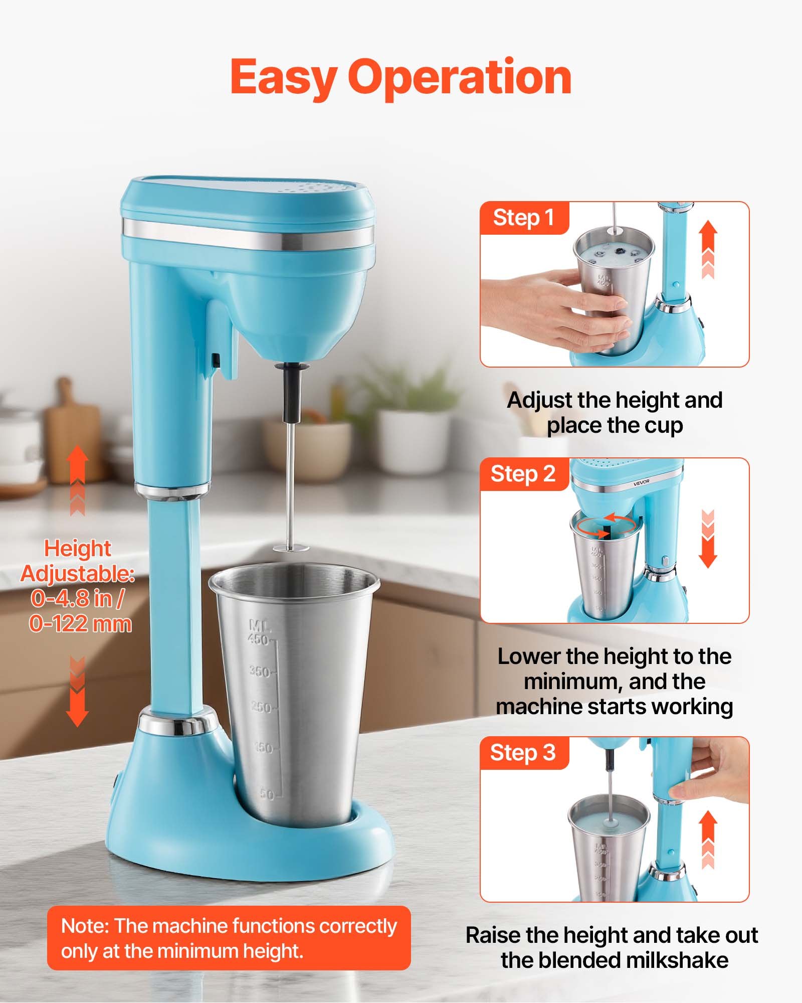VEVOR Milkshake Maker, 100W Milk Shake Maker Mixer, Single Head Drink Mixer Blender Machine, Dual-Speed Adjustment Milkshake Blender with Stainless Steel Cup, for Home, Kitchen, Bar & Beverage Shop