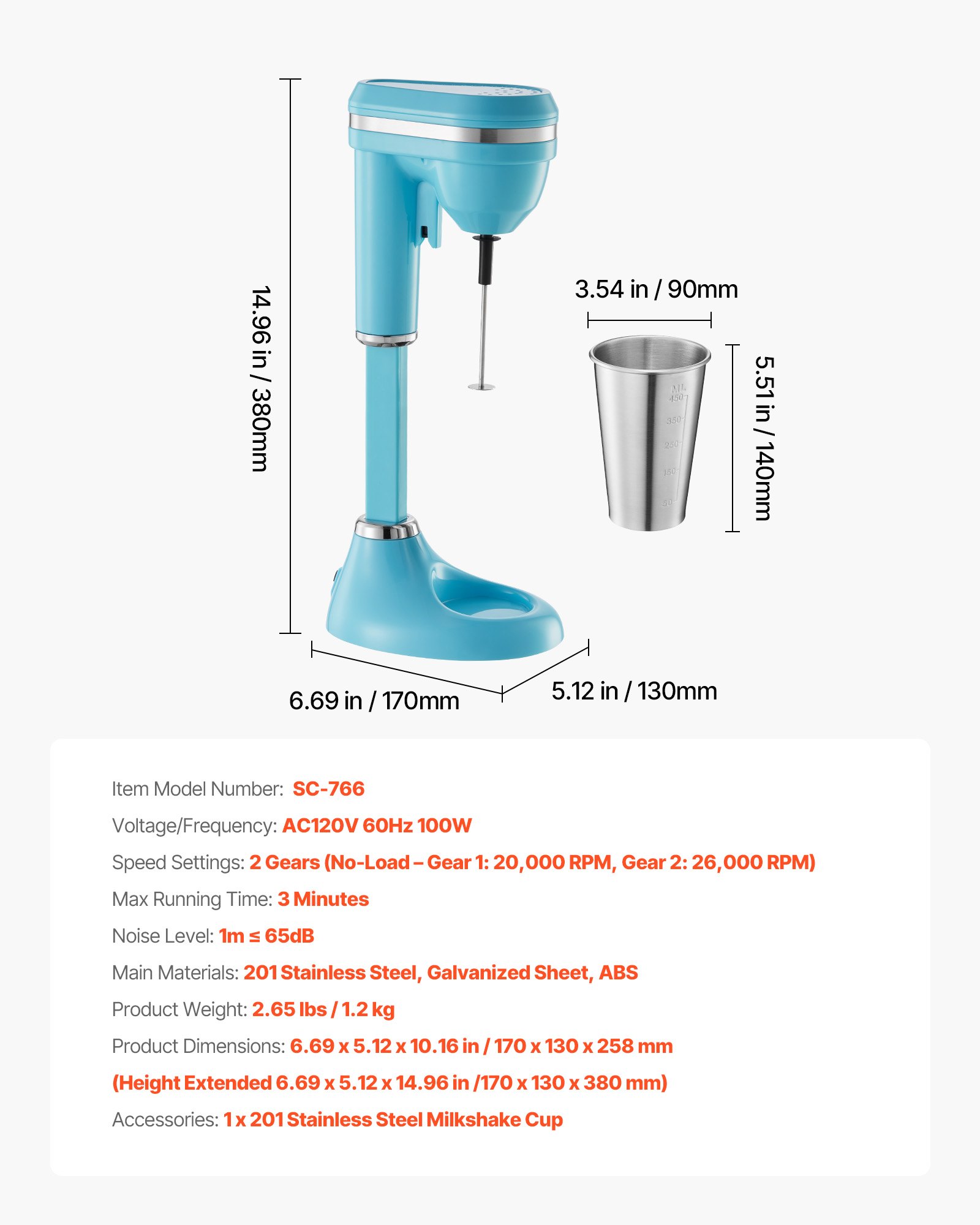 VEVOR Milkshake Maker, 100W Milk Shake Maker Mixer, Single Head Drink Mixer Blender Machine, Dual-Speed Adjustment Milkshake Blender with Stainless Steel Cup, for Home, Kitchen, Bar & Beverage Shop