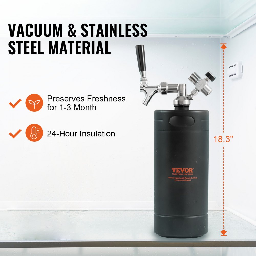 VEVOR Beer Growler Tap System, 128Oz 4L Mini Keg, 304 Stainless Steel Pressurized Beer Growler, Keg Growler with Pressure Display, CO2 Regulator Faucet, Leak-Proof Ring For Draft, Homebrew, Craft Beer