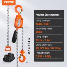 VEVOR Manual Lever Chain Hoist, 1/4 Ton 550 lbs Capacity 5 FT Come Along, G80 Galvanized Carbon Steel with Weston Double-Pawl Brake, Auto Chain Leading & 360° Rotation Hook, for Garage Factory Dock