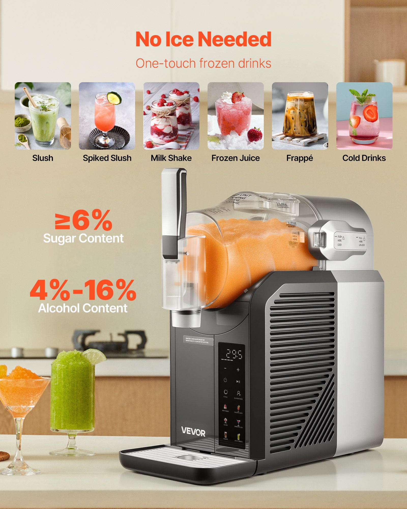 VEVOR Slushie Machine, 2L No Ice Needed Slushy Machine for Home, Frozen Drink Maker with 6 Preset Programs, Margarita Machine with Self-Cleaning, Frozen Margaritas, Frappés, Milkshake, and More