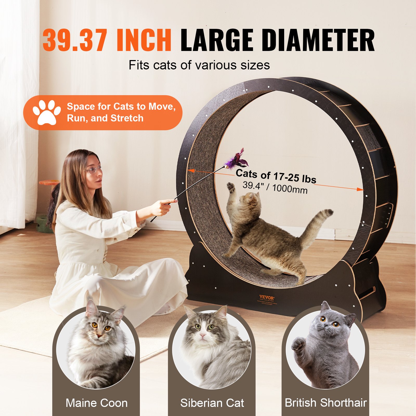 VEVOR Cat Exercise Wheel, Large Cat Treadmill Wheel for Indoor Cats, 43.3 inch Cat Running Wheel with Detachable Carpet and Cat Teaser for Running/Walking/Training, Suitable for Most Cats