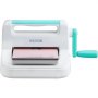 VEVOR die cutting machine with teal handle, cutting a pink sheet, front view.
