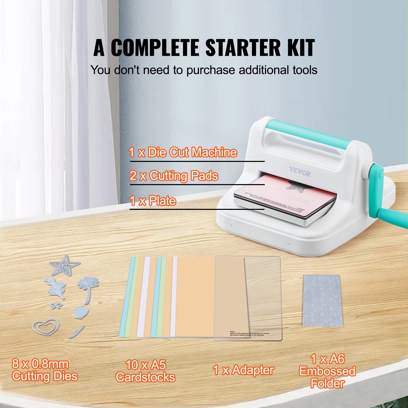 VEVOR die cutting machine with cutting pads, plate, cutting dies, cardstocks, adapter, and embossed folder.