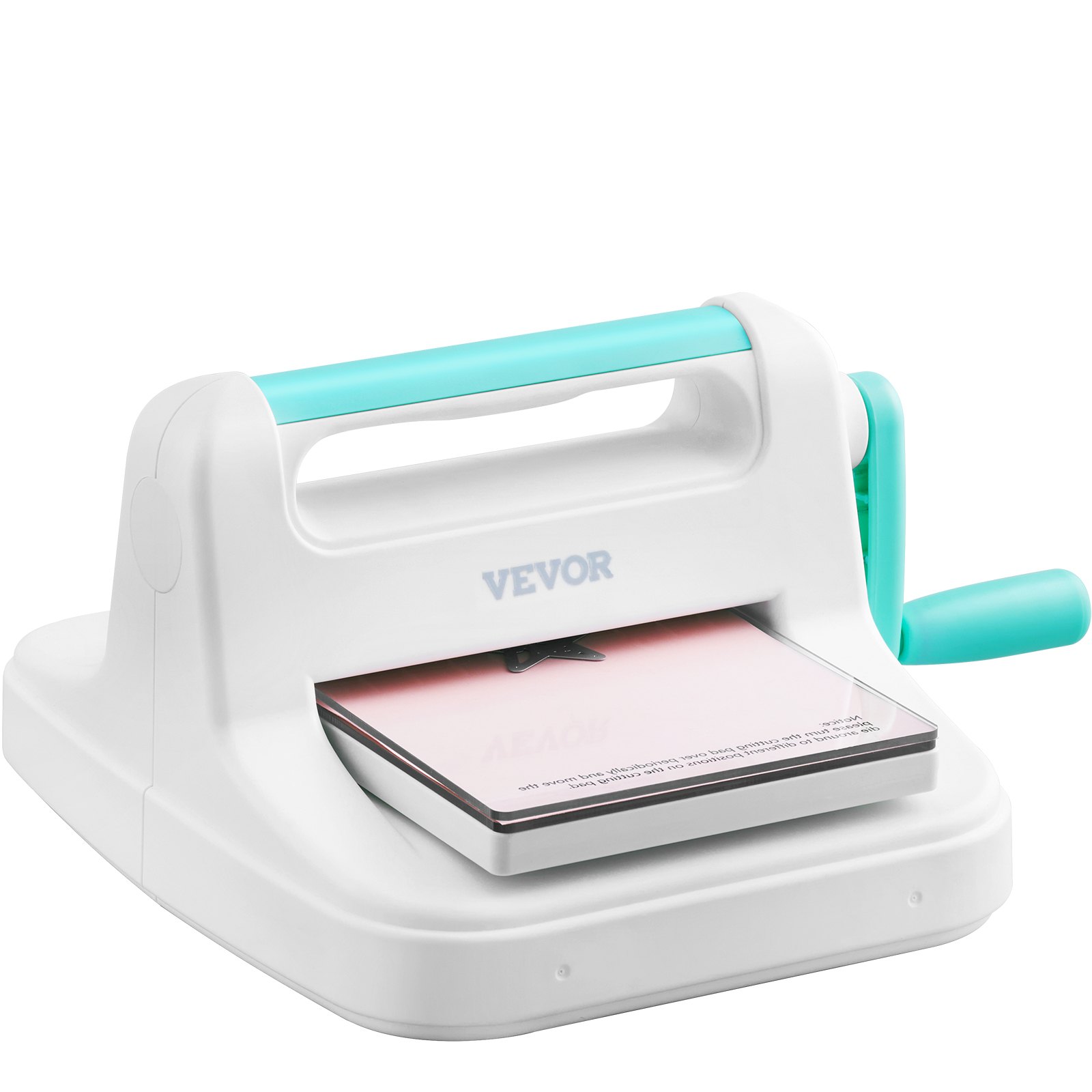 VEVOR die cutting machine with teal handle and manual crank, designed for crafting and paper projects.