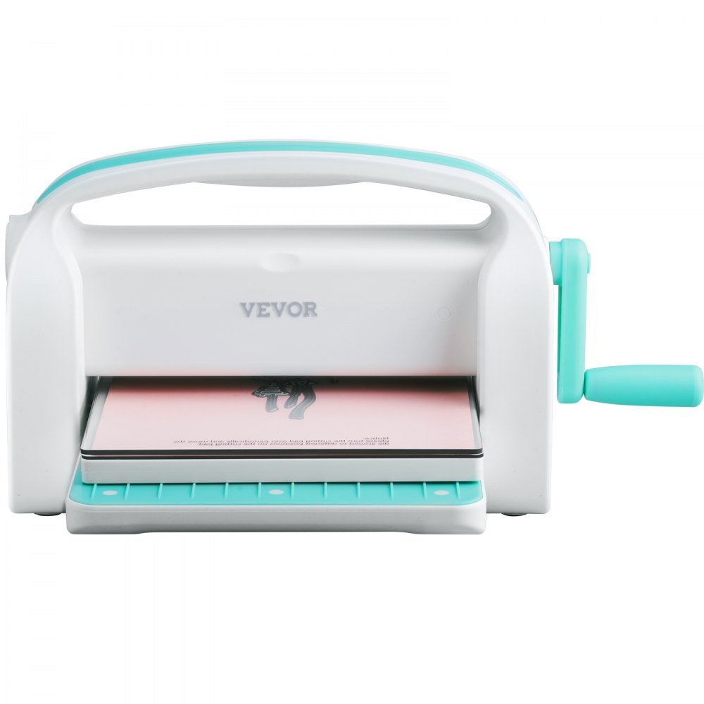 VEVOR die cutting machine with teal handles and pink cutting board, ready for crafting projects.