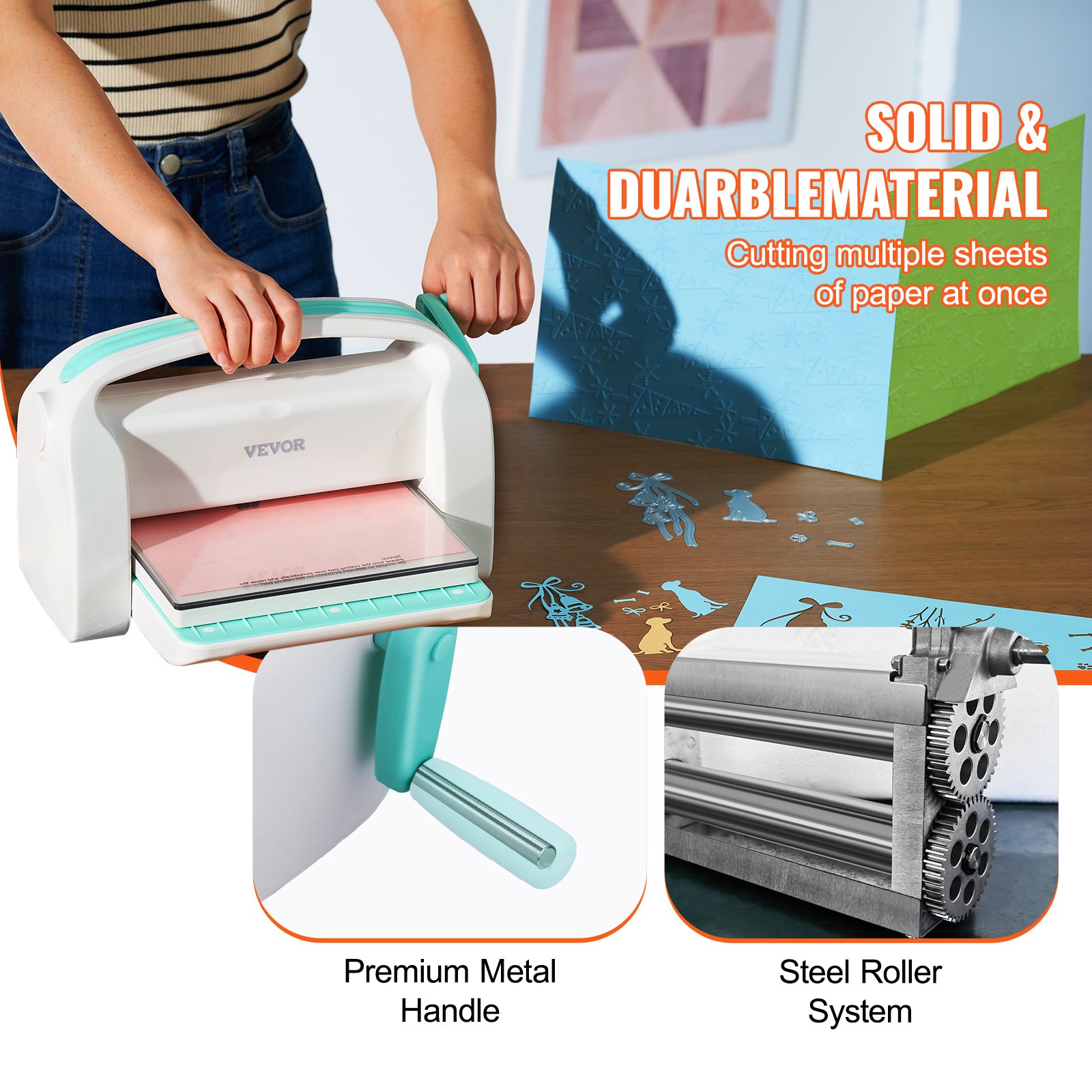 person operating VEVOR die cutting machine with premium metal handle, cutting designs on paper.