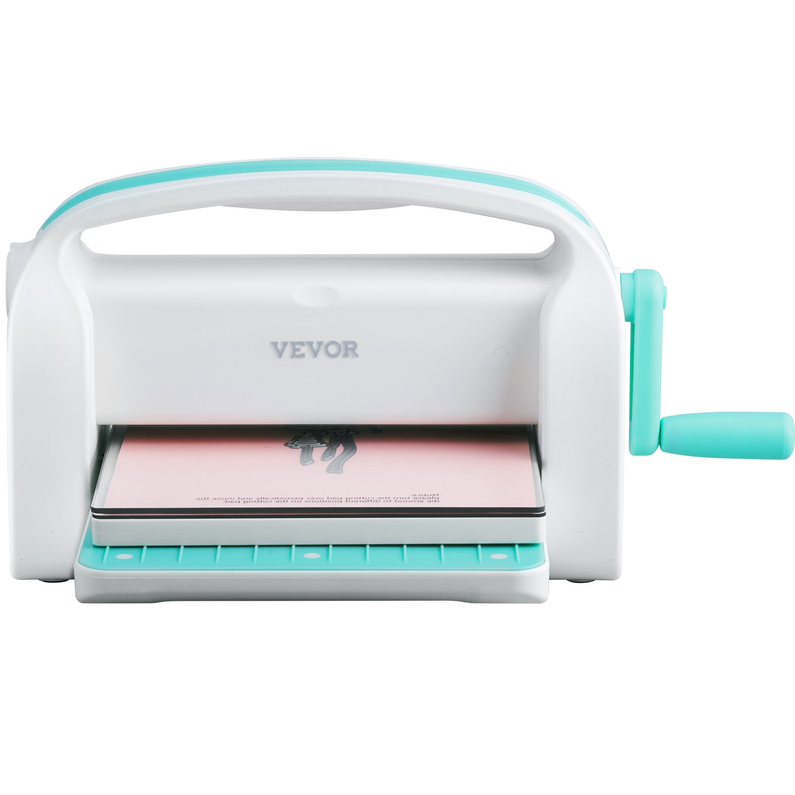 VEVOR die cutting machine with teal handles and pink cutting board, ready for crafting projects.