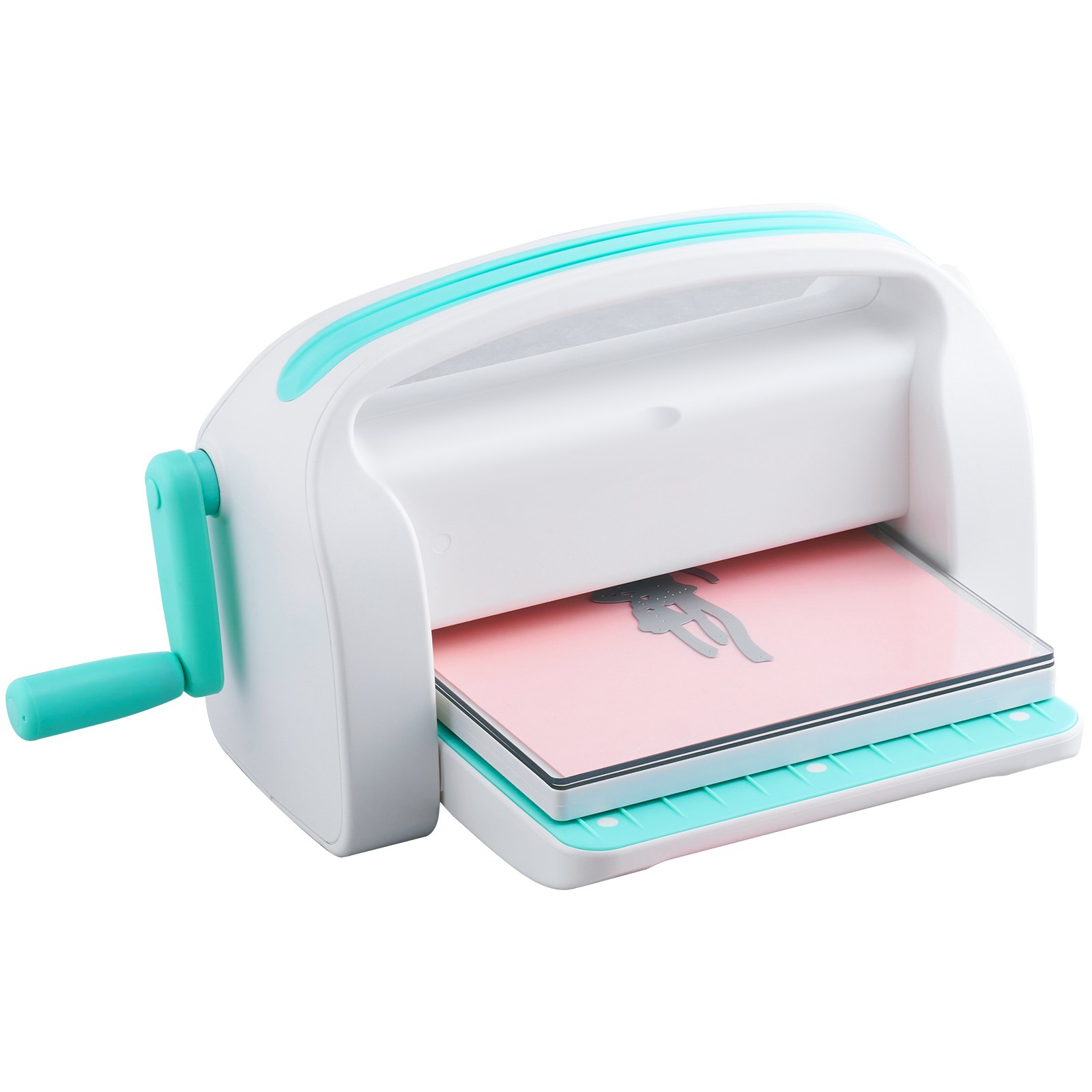 white and teal VEVOR die cutting machine with a manual crank and pink cutting plate.