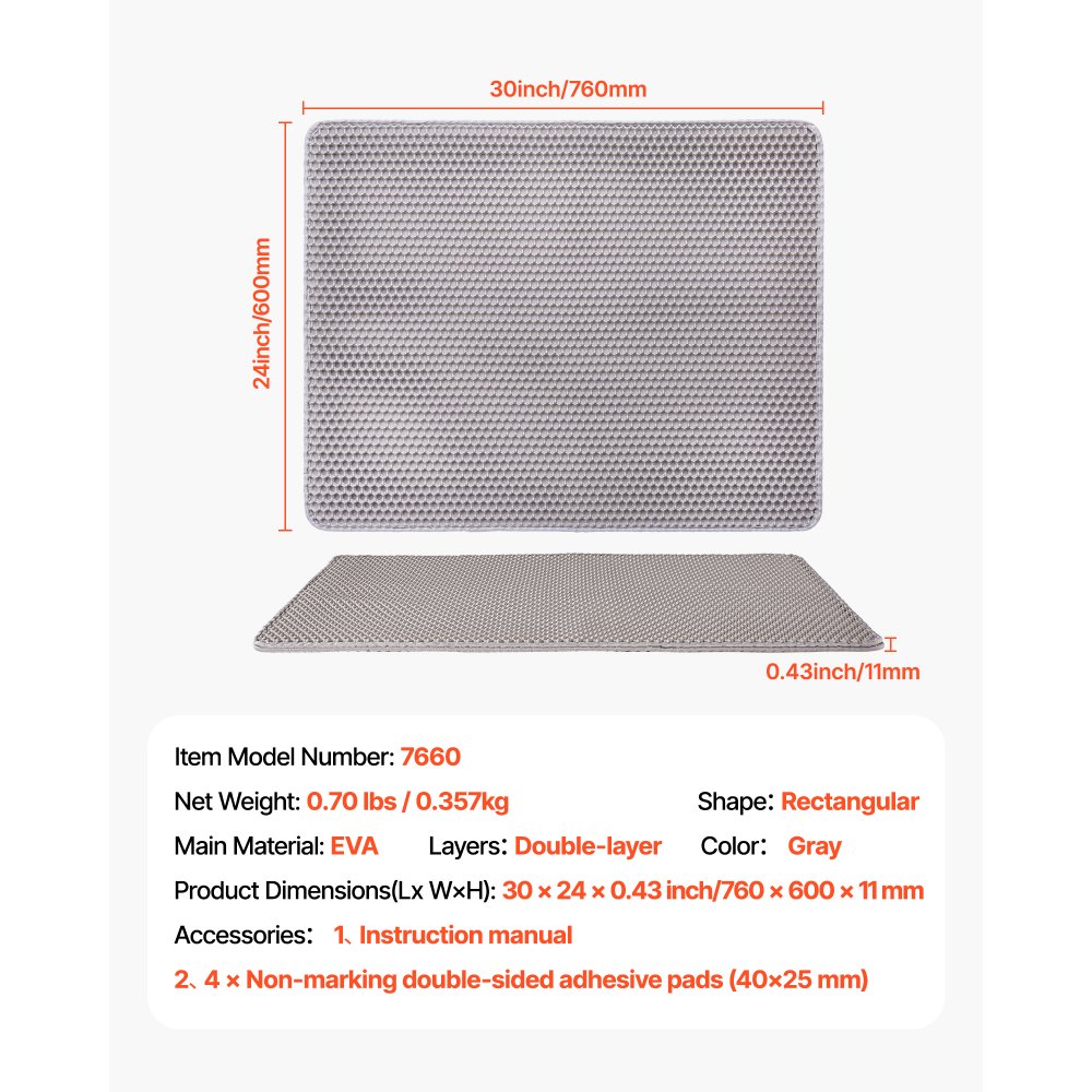 VEVOR Cat Litter Mat, 30 x 24 in, Double-Layer Litter Box Mat, Non-Slip & Urine-Proof Litter-Trapping Mats for Indoor Cats, Honeycomb Design, Soft on Paws, Washable Large Kitty Mats for Floor