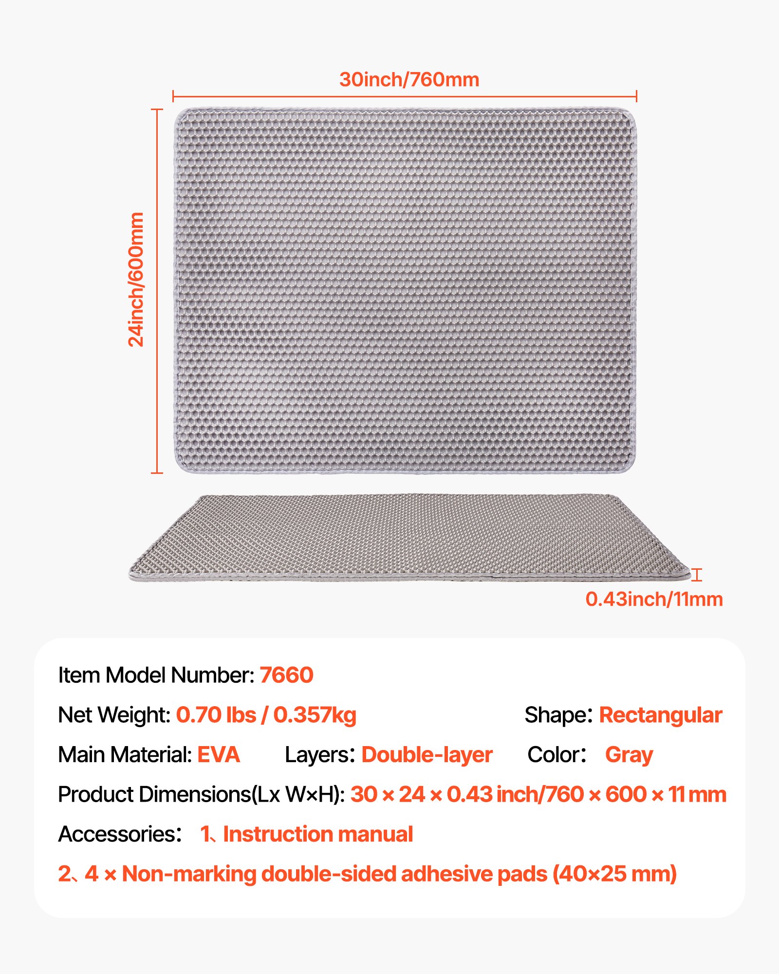 VEVOR Cat Litter Mat, 30 x 24 in, Double-Layer Litter Box Mat, Non-Slip & Urine-Proof Litter-Trapping Mats for Indoor Cats, Honeycomb Design, Soft on Paws, Washable Large Kitty Mats for Floor