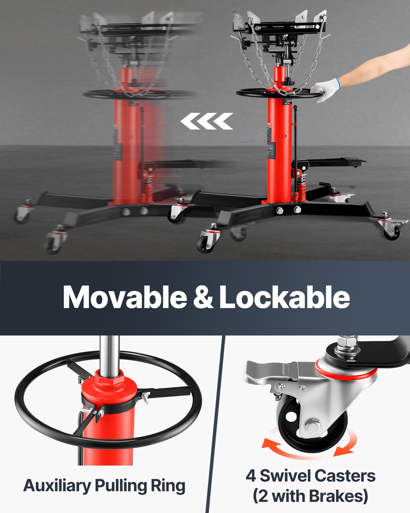 VEVOR Transmission Jack,1/2Ton/1100lbs Capacity Hydraulic Telescopic Transmission Jack, 2-Stage Floor Jack Stand with Foot Pedal, 360° Swivel Wheel, Garage/Shop Lift Hoist, Red