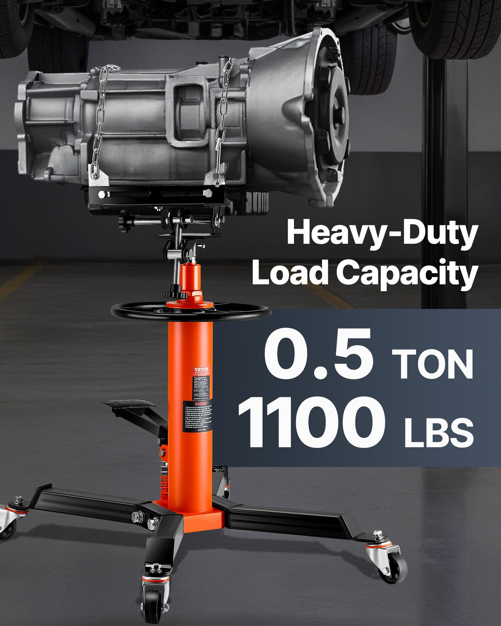 VEVOR Transmission Jack, 1/2Ton/1100lbs Capacity Hydraulic Telescopic Transmission Jack, 2-Stage Floor Jack Stand with Foot Pedal, 360° Swivel Wheel, Garage/ Shop Lift Hoist, Orange