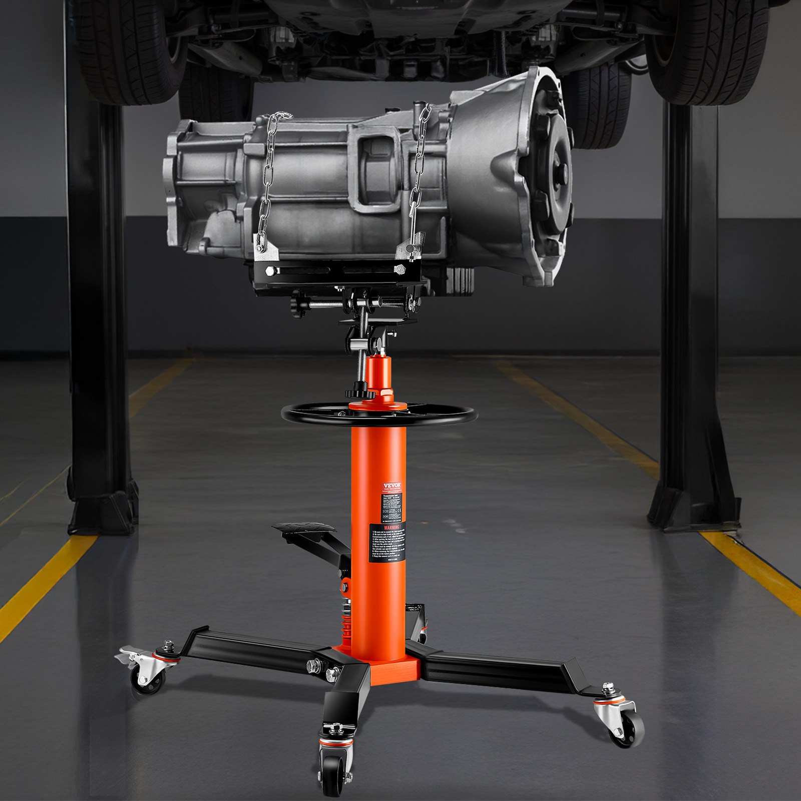 VEVOR Transmission Jack, 1/2Ton/1100lbs Capacity Hydraulic Telescopic Transmission Jack, 2-Stage Floor Jack Stand with Foot Pedal, 360° Swivel Wheel, Garage/ Shop Lift Hoist, Orange