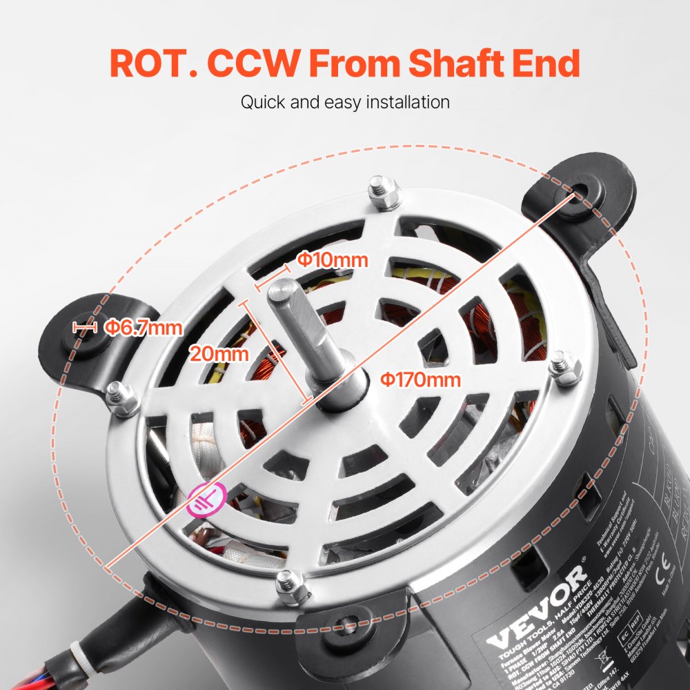 VEVOR 1/2HP Furnace Blower Motor, 220V 2.6Amps, 1300RPM 3-Speed, 10mm Shaft Diameter, 20mm Shaft Length, ROT. CCW from Shaft End, Includes CBB60 15μF/450V Capacitor