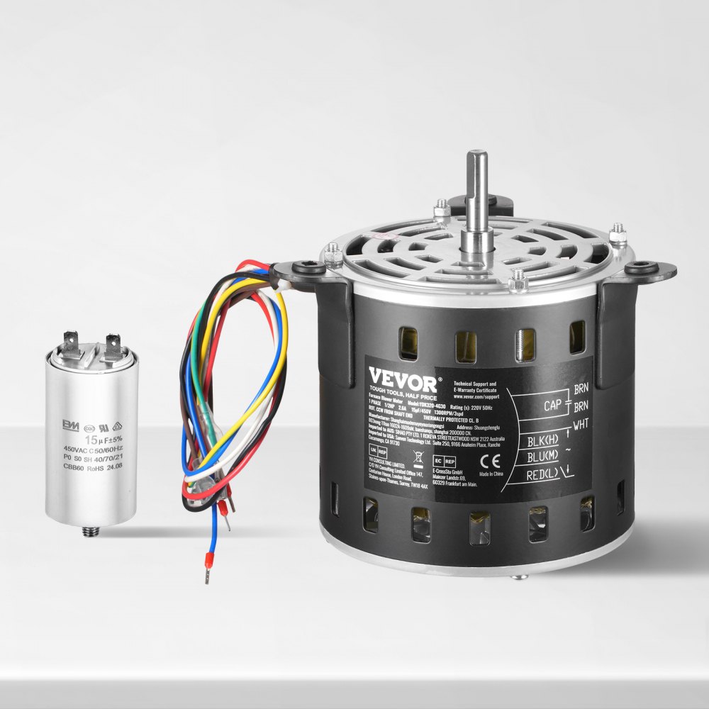 VEVOR 1/2HP Furnace Blower Motor, 220V 2.6Amps, 1300RPM 3-Speed, 10mm Shaft Diameter, 20mm Shaft Length, ROT. CCW from Shaft End, Includes CBB60 15μF/450V Capacitor