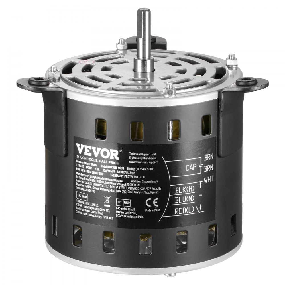 VEVOR 1/2HP Furnace Blower Motor, 220V 2.6Amps, 1300RPM 3-Speed, 10mm Shaft Diameter, 20mm Shaft Length, ROT. CCW from Shaft End, Includes CBB60 15μF/450V Capacitor