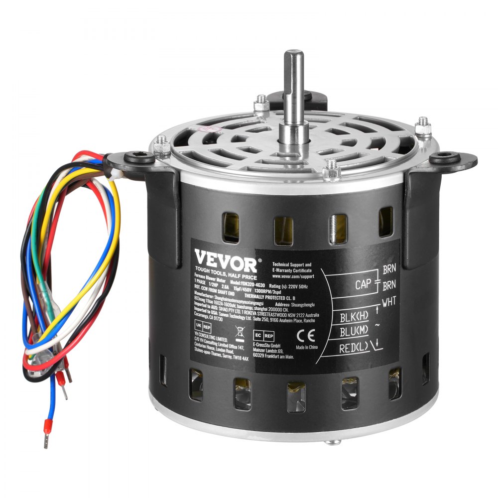 VEVOR 1/2HP Furnace Blower Motor, 220V 2.6Amps, 1300RPM 3-Speed, 10mm Shaft Diameter, 20mm Shaft Length, ROT. CCW from Shaft End, Includes CBB60 15μF/450V Capacitor