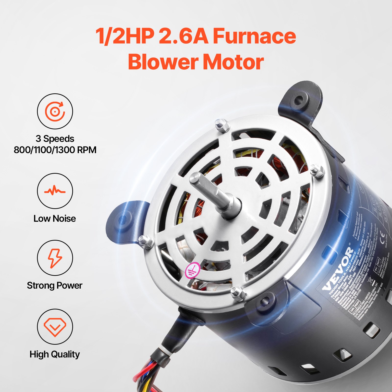 VEVOR 1/2HP Furnace Blower Motor, 220V 2.6Amps, 1300RPM 3-Speed, 10mm Shaft Diameter, 20mm Shaft Length, ROT. CCW from Shaft End, Includes CBB60 15μF/450V Capacitor