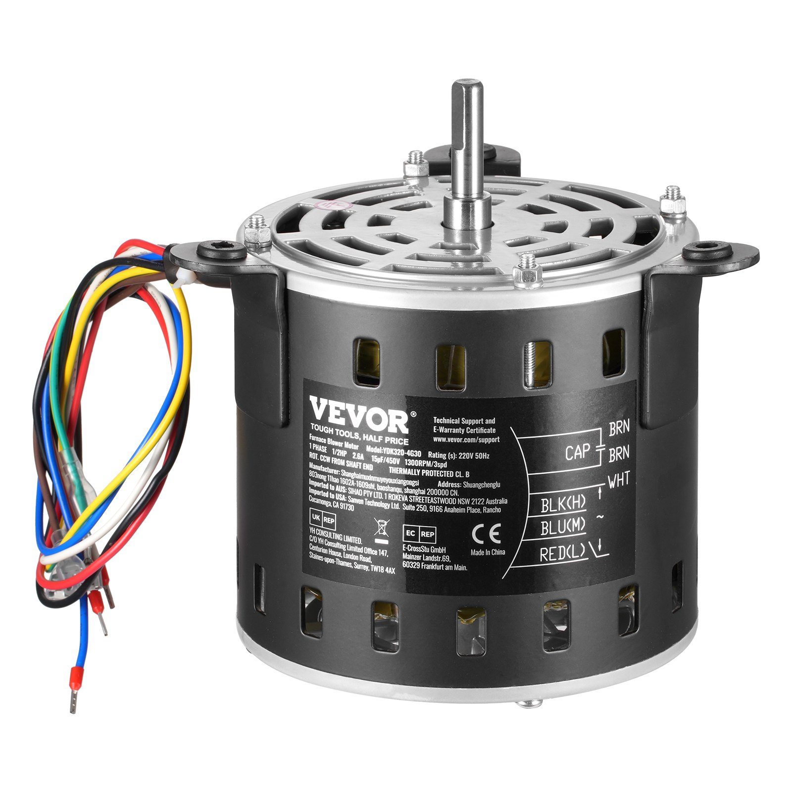 VEVOR 1/2HP Furnace Blower Motor, 220V 2.6Amps, 1300RPM 3-Speed, 10mm Shaft Diameter, 20mm Shaft Length, ROT. CCW from Shaft End, Includes CBB60 15μF/450V Capacitor