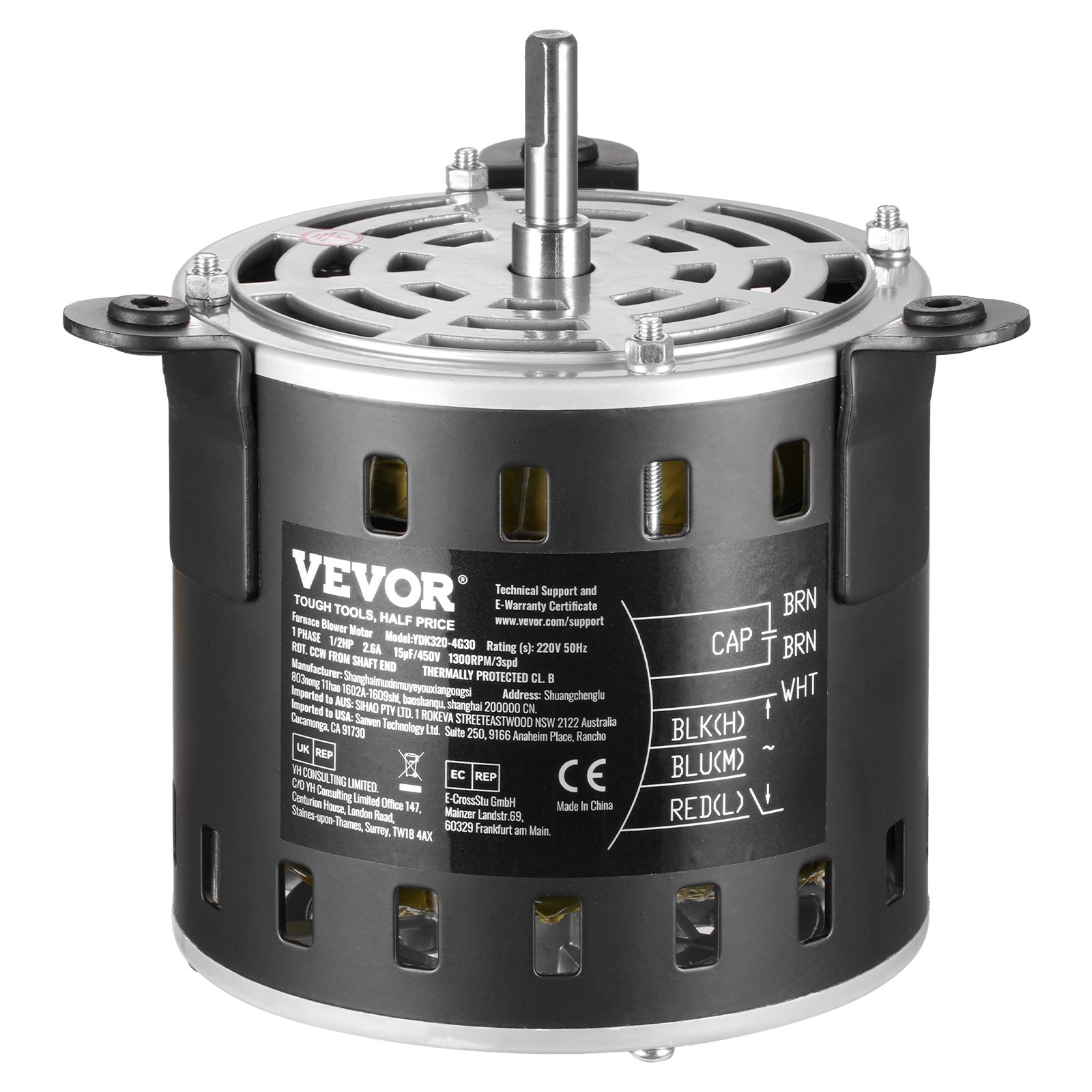 VEVOR 1/2HP Furnace Blower Motor, 220V 2.6Amps, 1300RPM 3-Speed, 10mm Shaft Diameter, 20mm Shaft Length, ROT. CCW from Shaft End, Includes CBB60 15μF/450V Capacitor