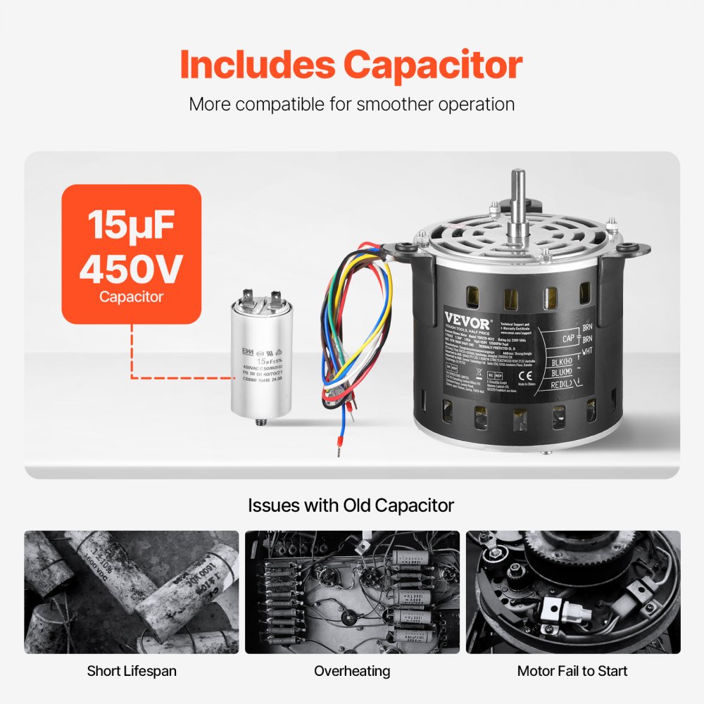 VEVOR 1/3HP Furnace Blower Motor, 220V 1.95Amps, 1250RPM 3-Speed, 10mm Shaft Diameter, 20mm Shaft Length, ROT. CCW from Shaft End, Includes CBB60 15μF/450V Capacitor