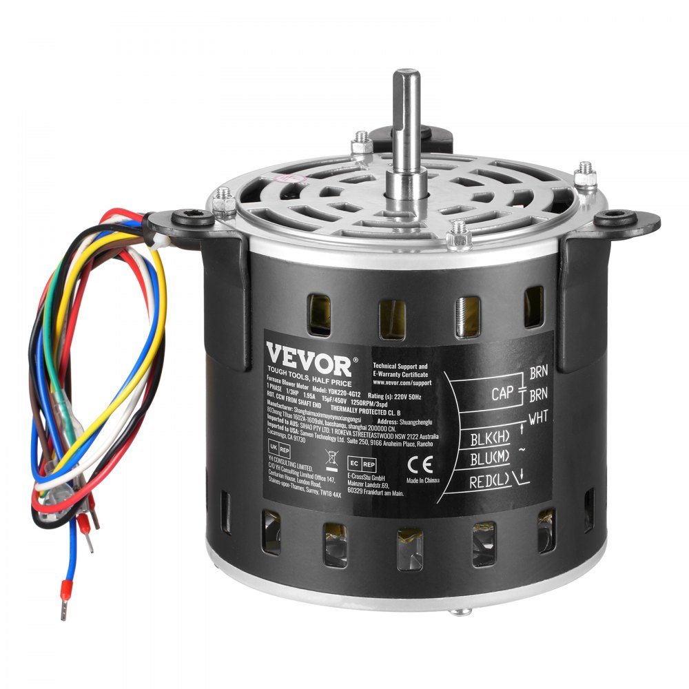 VEVOR 1/3HP Furnace Blower Motor, 220V 1.95Amps, 1250RPM 3-Speed, 10mm Shaft Diameter, 20mm Shaft Length, ROT. CCW from Shaft End, Includes CBB60 15μF/450V Capacitor