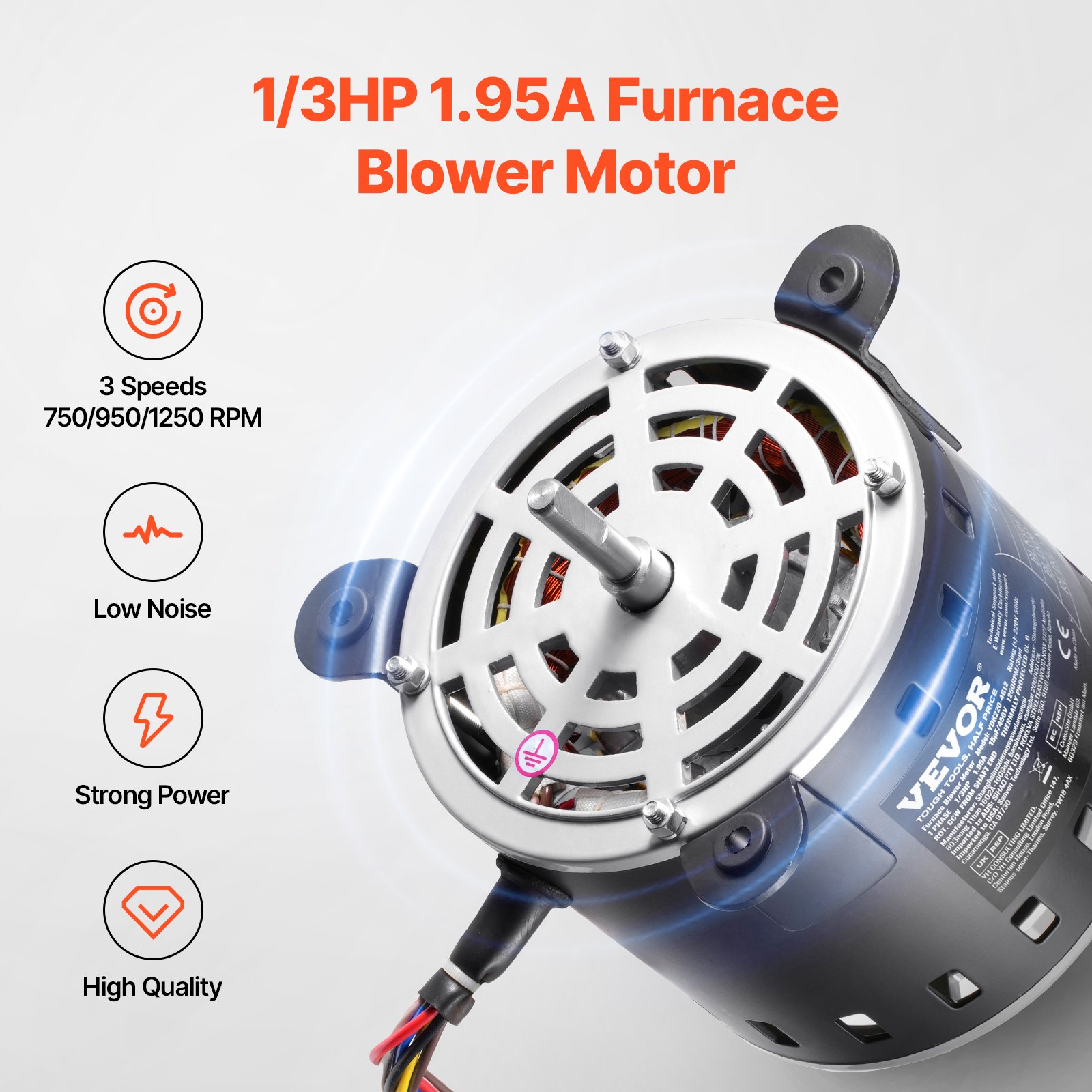 VEVOR 1/3HP Furnace Blower Motor, 220V 1.95Amps, 1250RPM 3-Speed, 10mm Shaft Diameter, 20mm Shaft Length, ROT. CCW from Shaft End, Includes CBB60 15μF/450V Capacitor