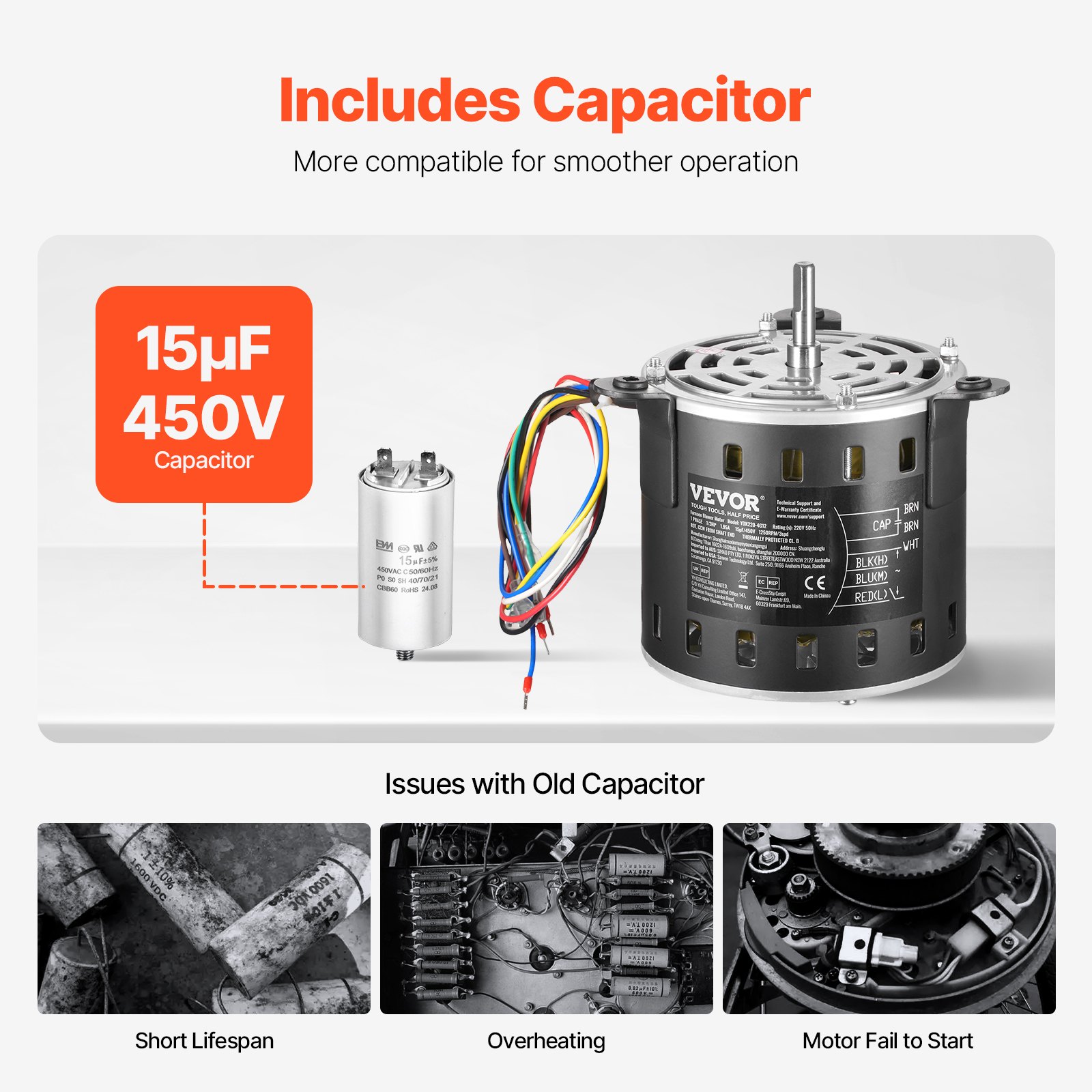 VEVOR 1/3HP Furnace Blower Motor, 220V 1.95Amps, 1250RPM 3-Speed, 10mm Shaft Diameter, 20mm Shaft Length, ROT. CCW from Shaft End, Includes CBB60 15μF/450V Capacitor