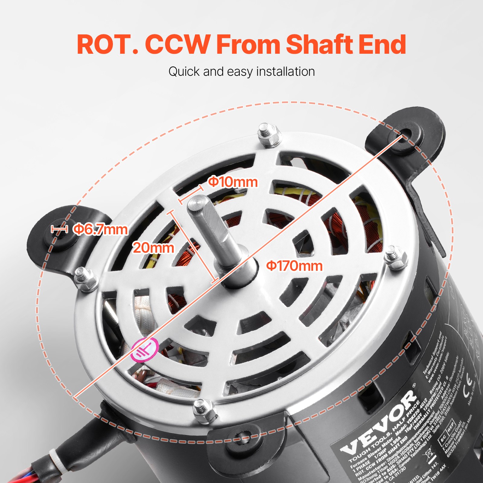 VEVOR 1/3HP Furnace Blower Motor, 220V 1.95Amps, 1250RPM 3-Speed, 10mm Shaft Diameter, 20mm Shaft Length, ROT. CCW from Shaft End, Includes CBB60 15μF/450V Capacitor