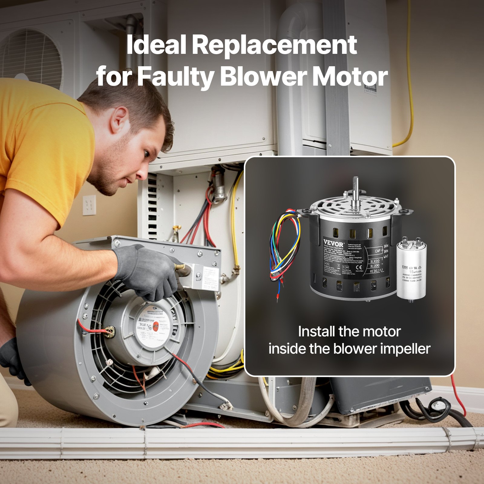 VEVOR 1/3HP Furnace Blower Motor, 220V 1.95Amps, 1250RPM 3-Speed, 10mm Shaft Diameter, 20mm Shaft Length, ROT. CCW from Shaft End, Includes CBB60 15μF/450V Capacitor