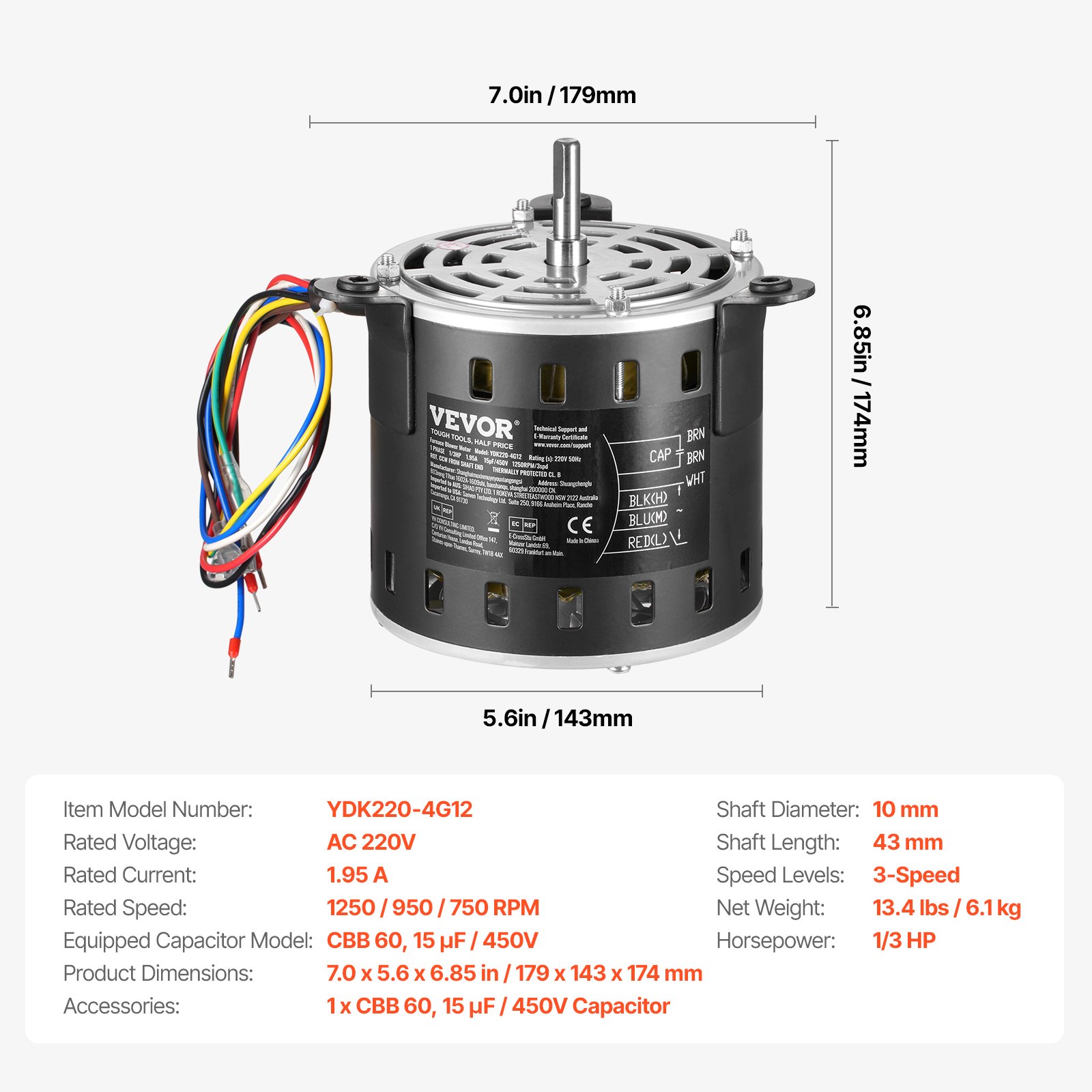 VEVOR 1/3HP Furnace Blower Motor, 220V 1.95Amps, 1250RPM 3-Speed, 10mm Shaft Diameter, 20mm Shaft Length, ROT. CCW from Shaft End, Includes CBB60 15μF/450V Capacitor