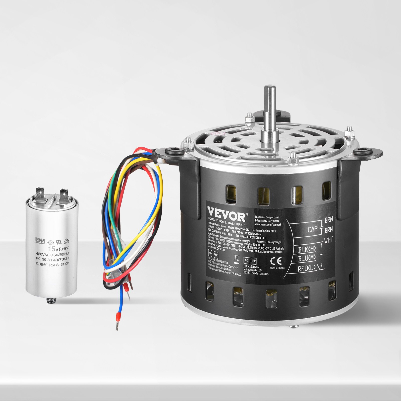 VEVOR 1/3HP Furnace Blower Motor, 220V 1.95Amps, 1250RPM 3-Speed, 10mm Shaft Diameter, 20mm Shaft Length, ROT. CCW from Shaft End, Includes CBB60 15μF/450V Capacitor