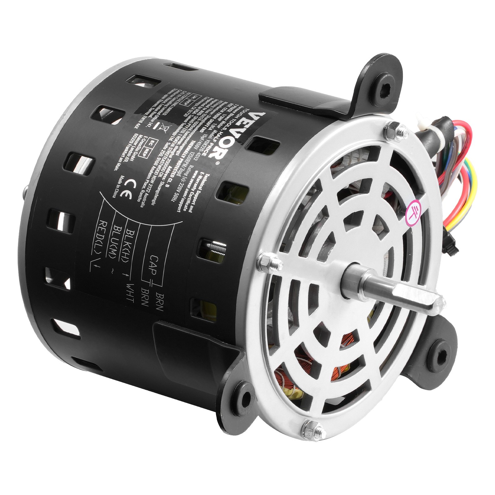 VEVOR 1/3HP Furnace Blower Motor, 220V 1.95Amps, 1250RPM 3-Speed, 10mm Shaft Diameter, 20mm Shaft Length, ROT. CCW from Shaft End, Includes CBB60 15μF/450V Capacitor