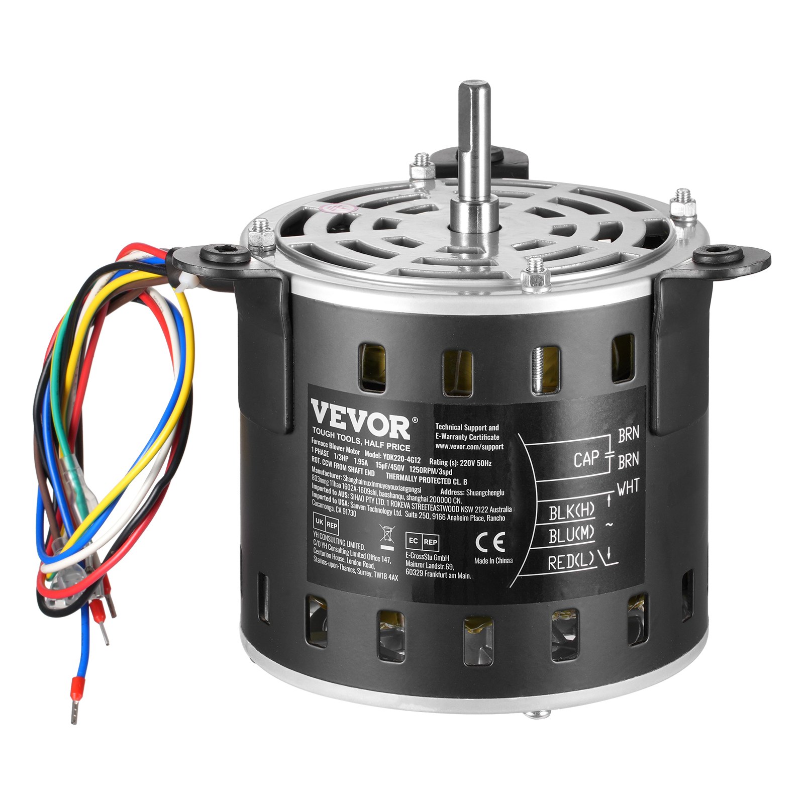 VEVOR 1/3HP Furnace Blower Motor, 220V 1.95Amps, 1250RPM 3-Speed, 10mm Shaft Diameter, 20mm Shaft Length, ROT. CCW from Shaft End, Includes CBB60 15μF/450V Capacitor