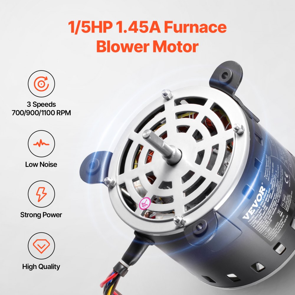 VEVOR 1/5HP Furnace Blower Motor, 220V 1.45Amps, 1100RPM 3-Speed, 10mm Shaft Diameter, 20mm Shaft Length, ROT. CCW from Shaft End, Includes CBB60 8μF/450V Capacitor