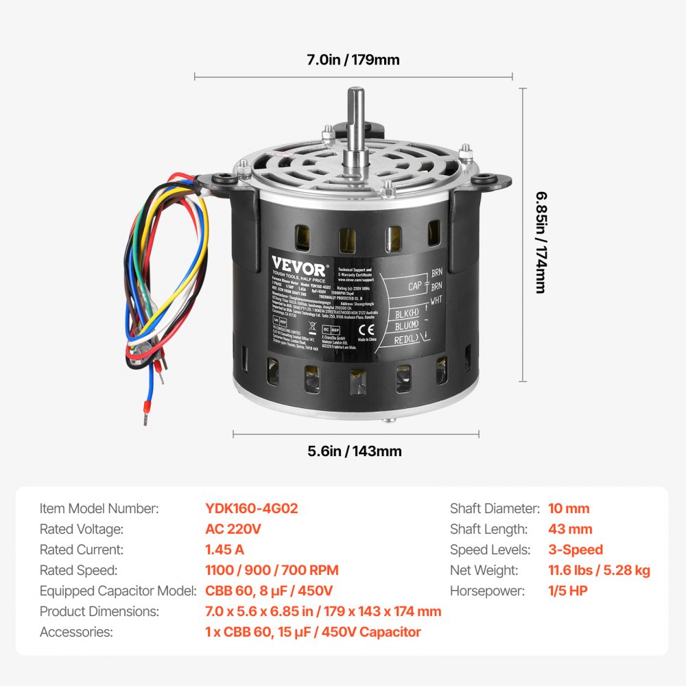 VEVOR 1/5HP Furnace Blower Motor, 220V 1.45Amps, 1100RPM 3-Speed, 10mm Shaft Diameter, 20mm Shaft Length, ROT. CCW from Shaft End, Includes CBB60 8μF/450V Capacitor