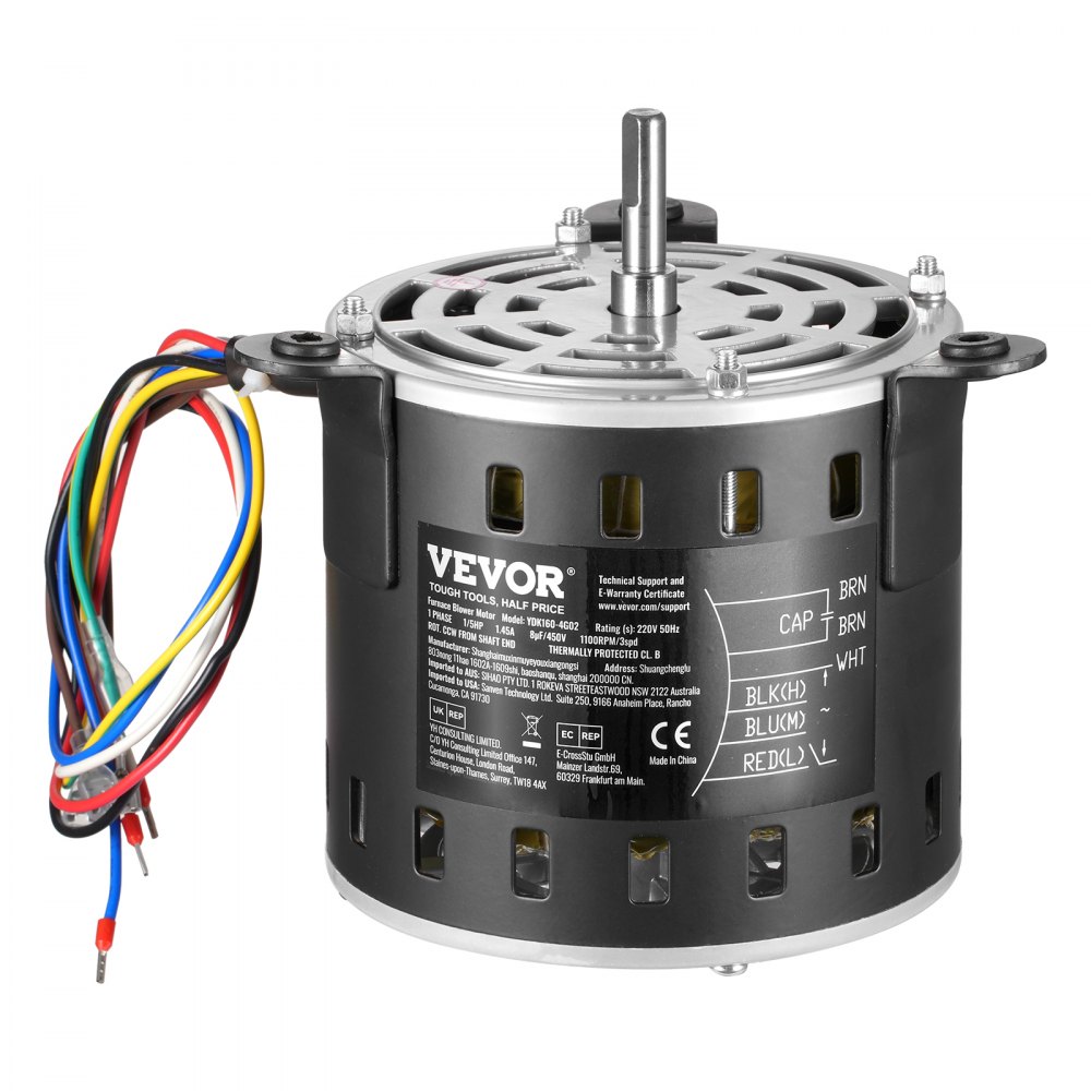 VEVOR 1/5HP Furnace Blower Motor, 220V 1.45Amps, 1100RPM 3-Speed, 10mm Shaft Diameter, 20mm Shaft Length, ROT. CCW from Shaft End, Includes CBB60 8μF/450V Capacitor