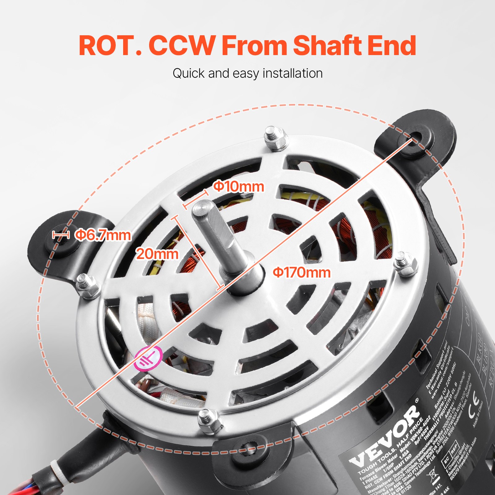 VEVOR 1/5HP Furnace Blower Motor, 220V 1.45Amps, 1100RPM 3-Speed, 10mm Shaft Diameter, 20mm Shaft Length, ROT. CCW from Shaft End, Includes CBB60 8μF/450V Capacitor