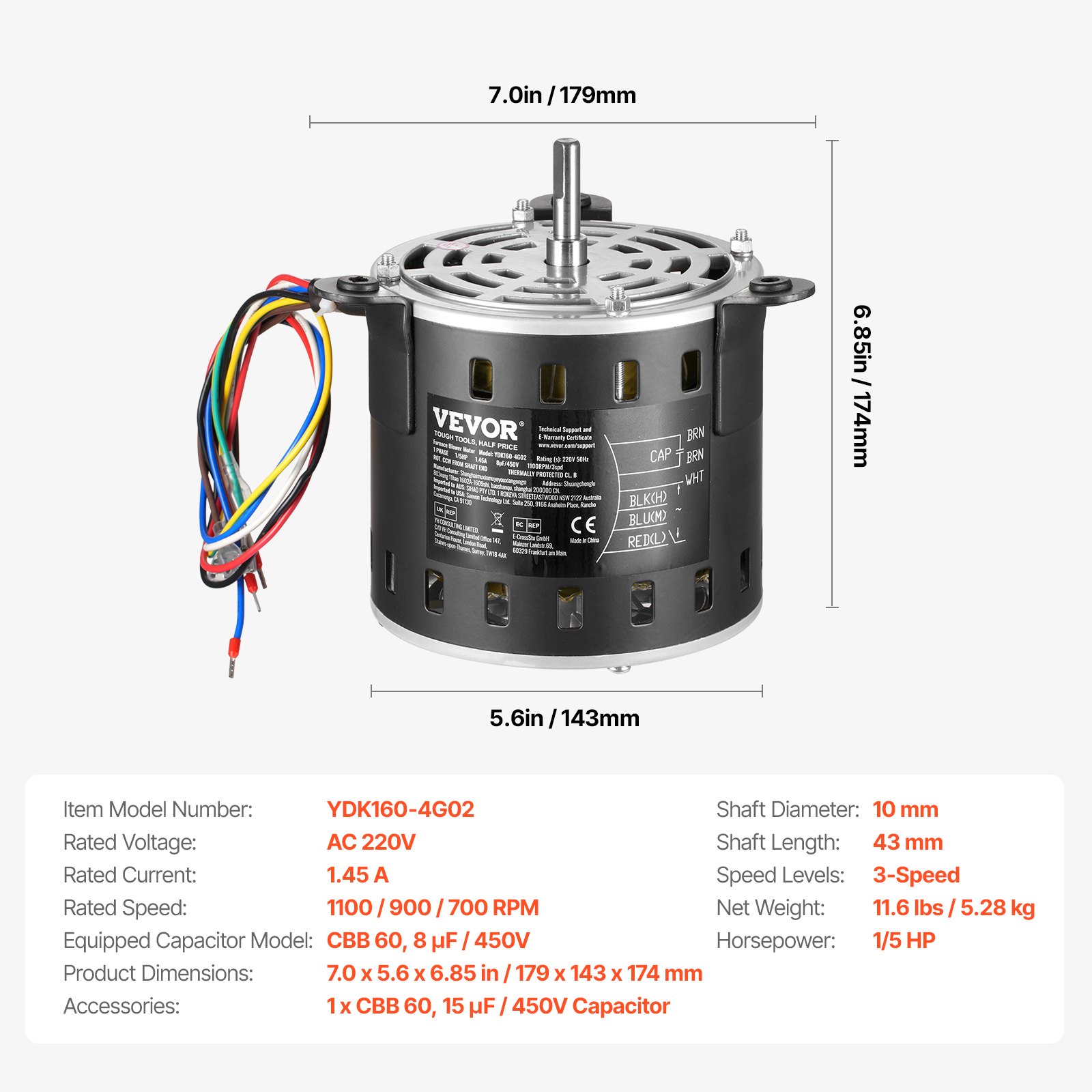 VEVOR 1/5HP Furnace Blower Motor, 220V 1.45Amps, 1100RPM 3-Speed, 10mm Shaft Diameter, 20mm Shaft Length, ROT. CCW from Shaft End, Includes CBB60 8μF/450V Capacitor