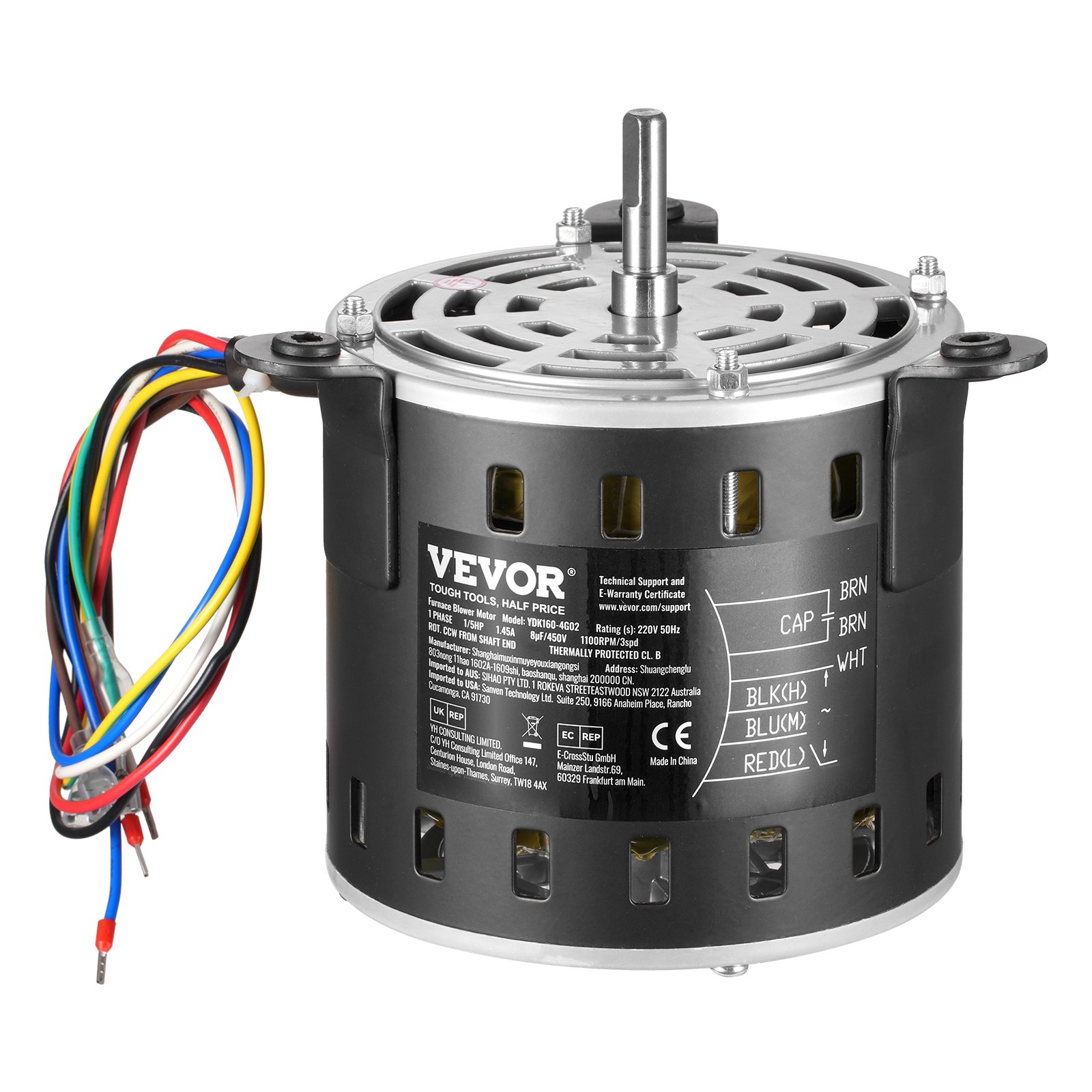 VEVOR 1/5HP Furnace Blower Motor, 220V 1.45Amps, 1100RPM 3-Speed, 10mm Shaft Diameter, 20mm Shaft Length, ROT. CCW from Shaft End, Includes CBB60 8μF/450V Capacitor