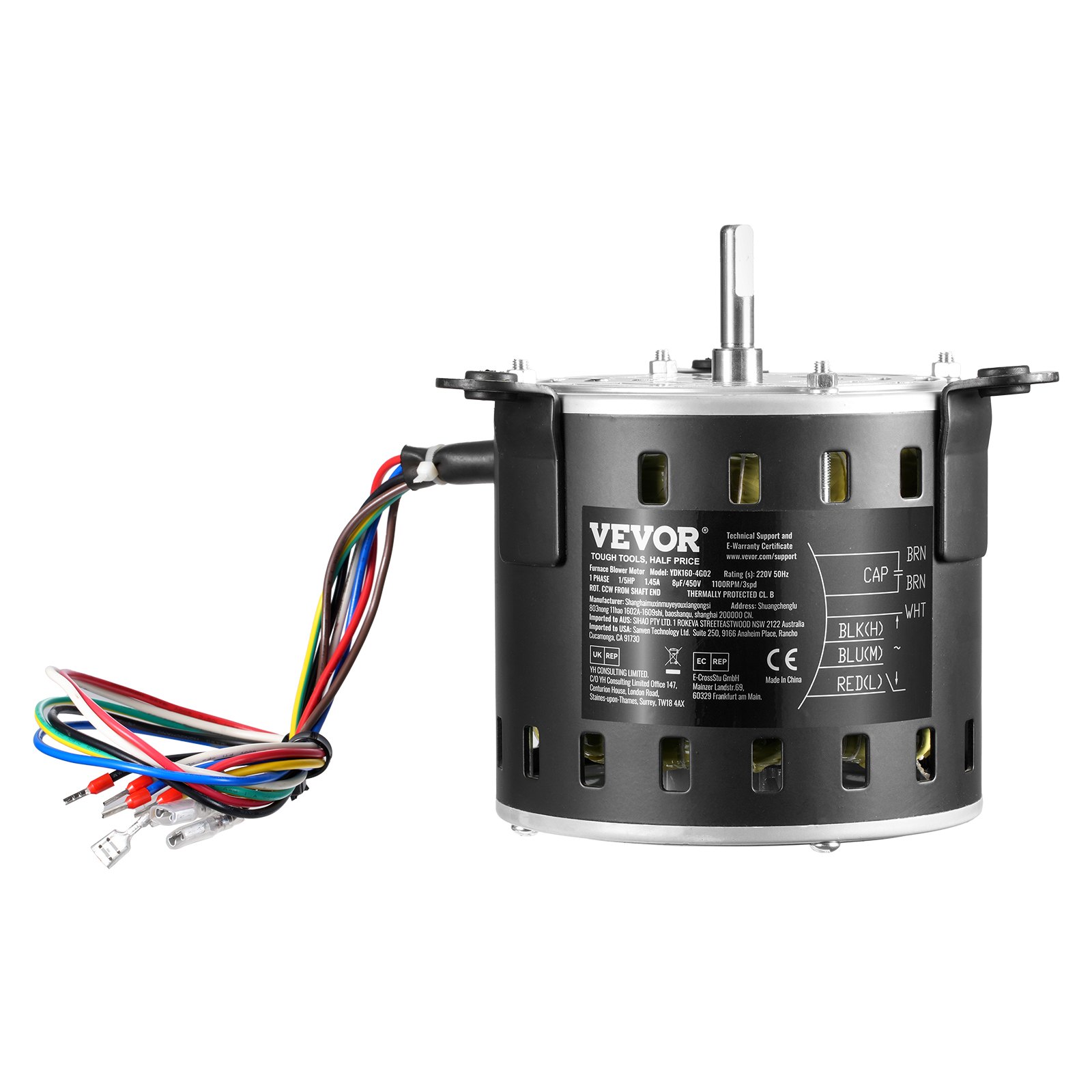 VEVOR 1/5HP Furnace Blower Motor, 220V 1.45Amps, 1100RPM 3-Speed, 10mm Shaft Diameter, 20mm Shaft Length, ROT. CCW from Shaft End, Includes CBB60 8μF/450V Capacitor