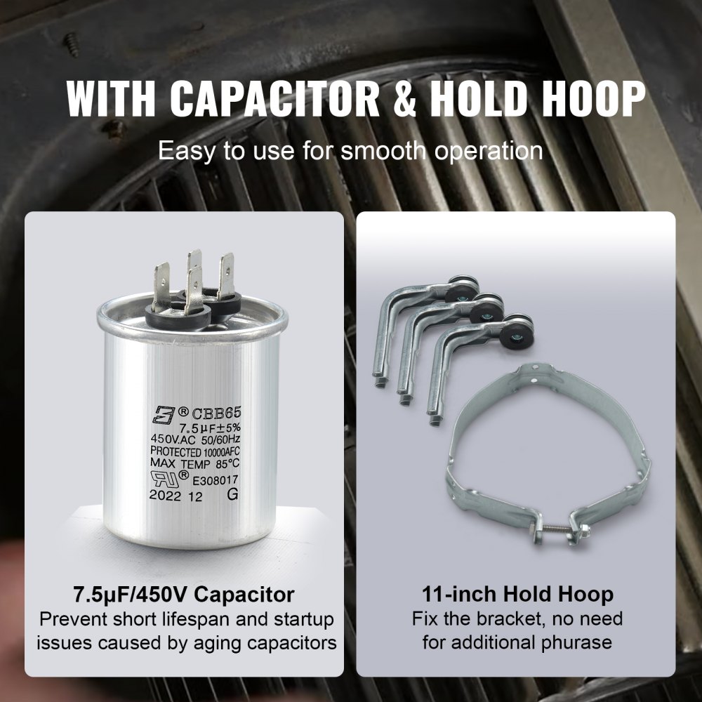 VEVOR 1/2HP Furnace Blower Motor, 208/230V 2.7Amps, 1075RPM 5 Speeds, CW/CCW Rotation, 48 Frame 3.4" Shaft Length, 7.5μF/450V Capacitor + 11" Hold Hoop