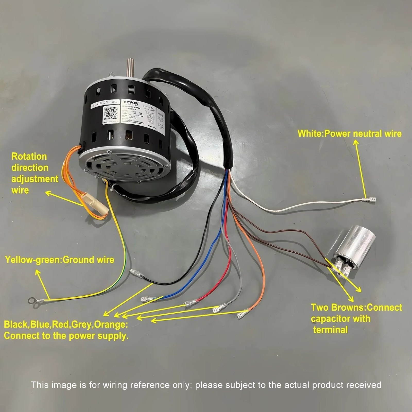 VEVOR 1/2HP Furnace Blower Motor, 208/230V 2.7Amps, 1075RPM 5 Speeds, CW/CCW Rotation, 48 Frame 3.4" Shaft Length, 7.5μF/450V Capacitor + 11" Hold Hoop