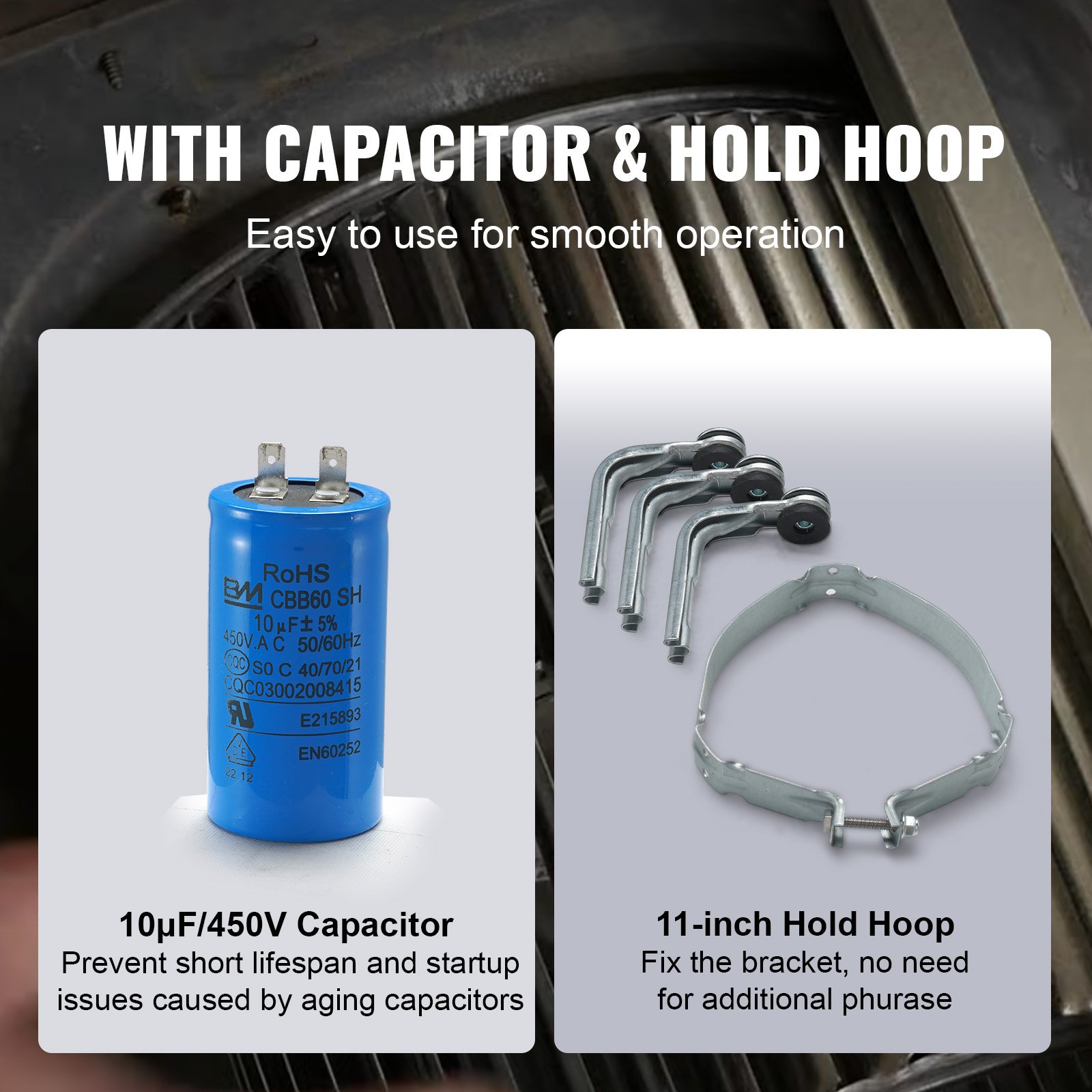 VEVOR 3/4HP Furnace Blower Motor, 208/230V 3.85Amps, 1075RPM 5 Speeds, CW/CCW Rotation, 48 Frame 4.8" Shaft Length, 10μF/450V Capacitor + 11" Hold Hoop