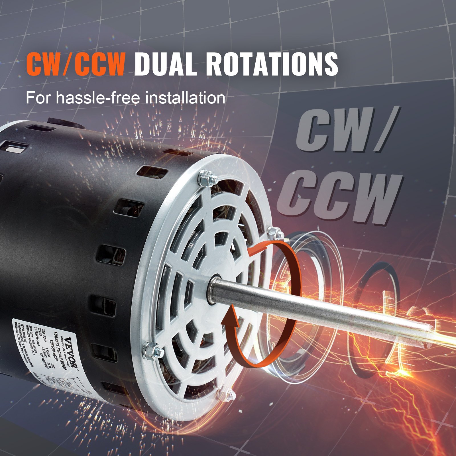 VEVOR 3/4HP Furnace Blower Motor, 208/230V 3.85Amps, 1075RPM 5 Speeds, CW/CCW Rotation, 48 Frame 4.8" Shaft Length, 10μF/450V Capacitor + 11" Hold Hoop