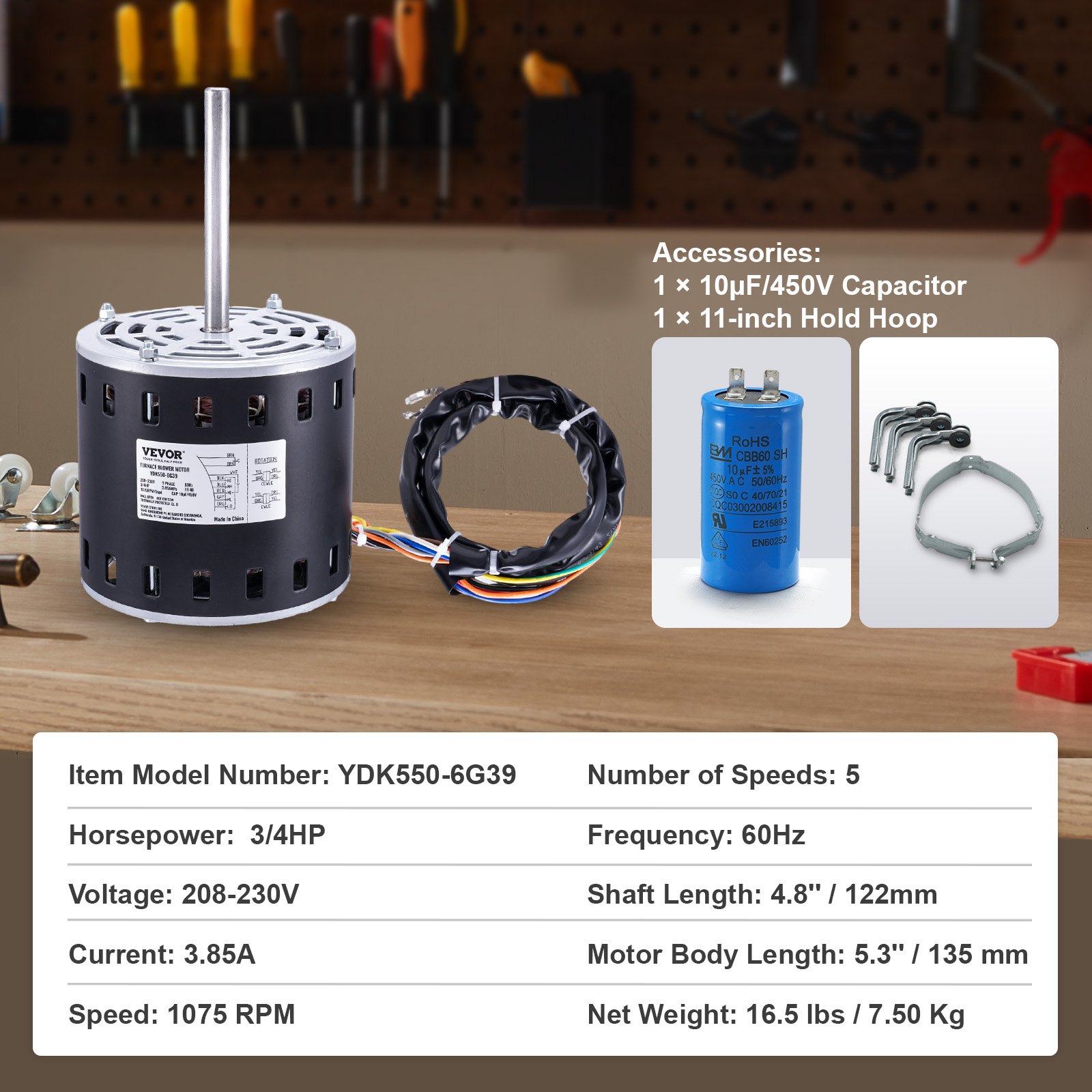 VEVOR 3/4HP Furnace Blower Motor, 208/230V 3.85Amps, 1075RPM 5 Speeds, CW/CCW Rotation, 48 Frame 4.8" Shaft Length, 10μF/450V Capacitor + 11" Hold Hoop