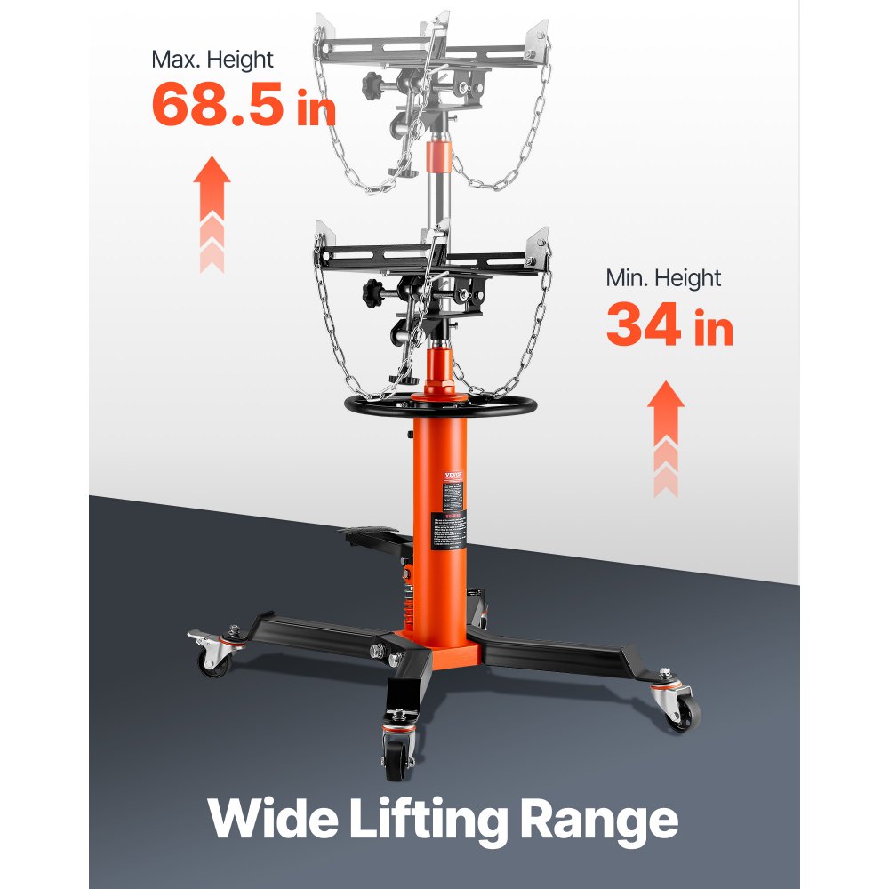 VEVOR Transmission Jack, 600 kg Hydraulic Telescoping Transmission Jack, 81 -170 cm High Lift Floor Jack Stand with Foot Pedal, 360° Swivel Wheel, Hydraulic Transmission Jack Garage/Shop Lift Hoist